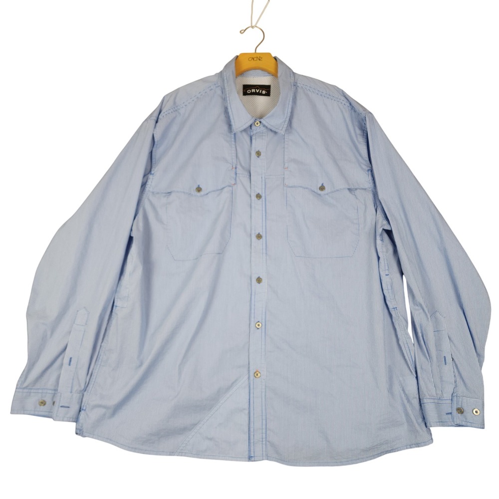 ORVIS Mens XXL‎ Blue White Stripe Gingham Pocket Long Sleeve Button Up Shirt